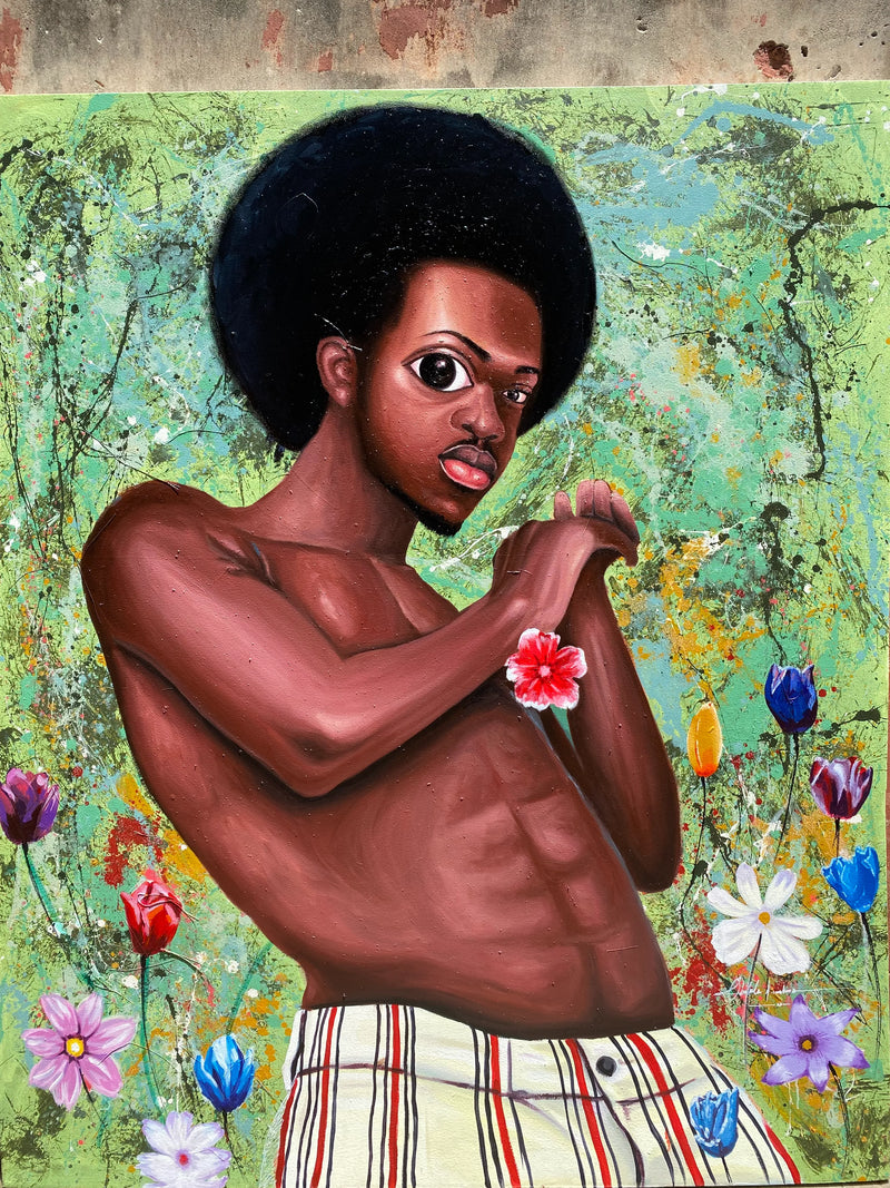 "The Flower Boy" by Nigerian artist Obilala Nwankwo (2024), a figurative painting blending expressive realism and emotional symbolism to explore masculinity and tenderness in contemporary African art. Presented by Afrikanizm.
