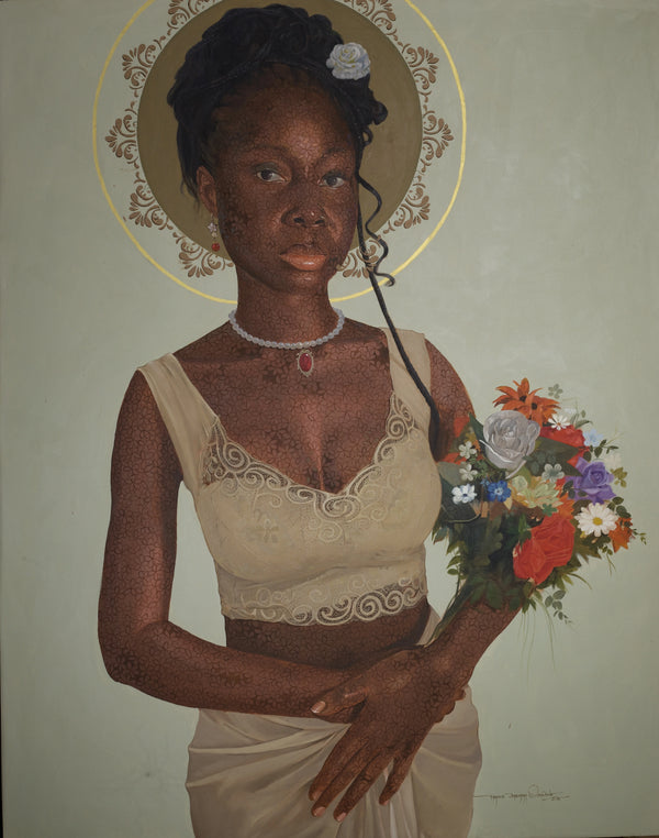 "The Reality of Who I Am – Love 1" by Ghanaian artist Francis Jeremiah (2024), a mixed media artwork reflecting on self-perception, love, and the emotional layers of identity in contemporary African art. Presented by Afrikanizm.
