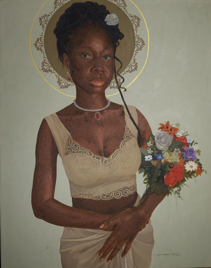 "The Reality of Who I Am – Love 1" by Ghanaian artist Francis Jeremiah (2024), a mixed media artwork reflecting on self-perception, love, and the emotional layers of identity in contemporary African art. Presented by Afrikanizm.
