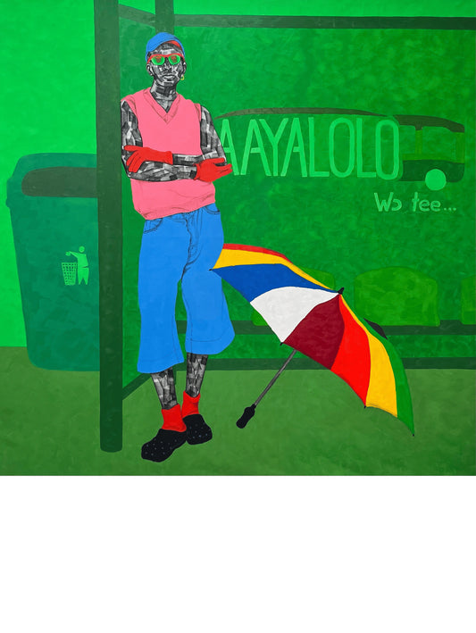 "Painting Await" by Ghanaian artist Kofi Amoateng (2024), presented by Afrikanizm. Figurative acrylic painting exploring African identity and cultural memory.
